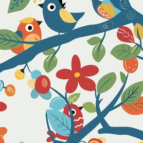 Cute birds hidden in a blue tree with colorful leaves and flowers on off white - large scale