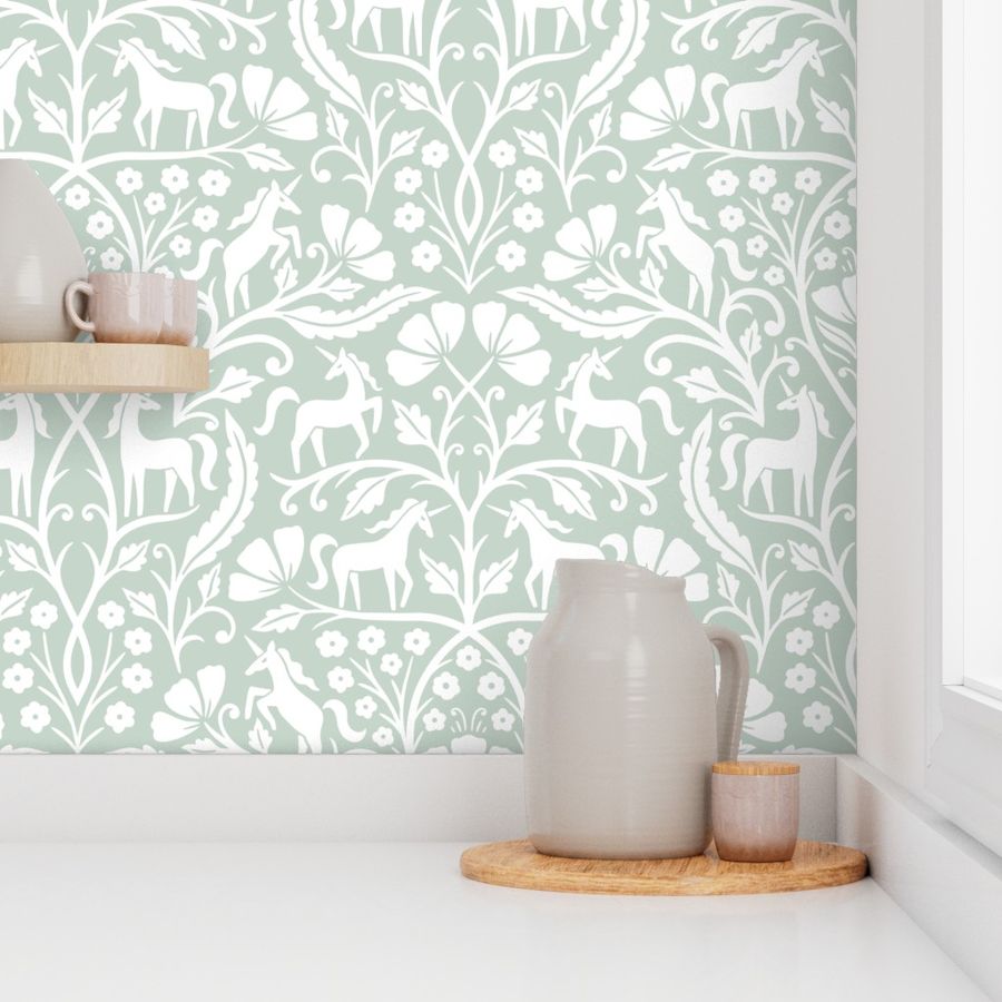 L | Find the Unicorns Floral Damask | Light Sage and White