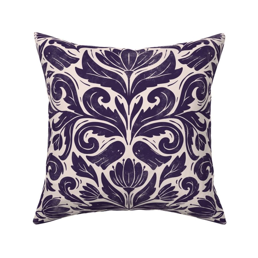 Spooky Hidden Ghosts and Skulls Damask - textured block print - deep plum purple and cream - large