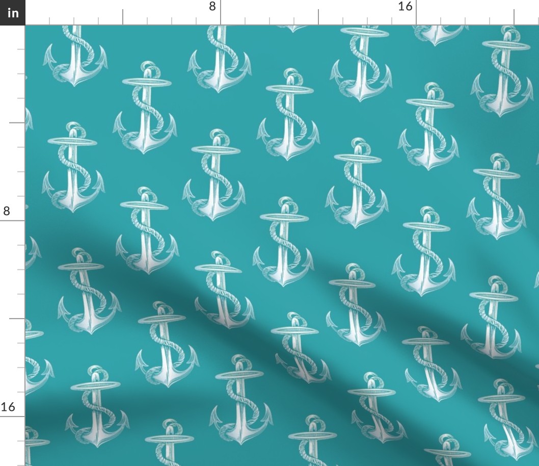 Anchor white on aqua teal Beach Print