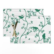 Vintage birds in trees emerald green on white