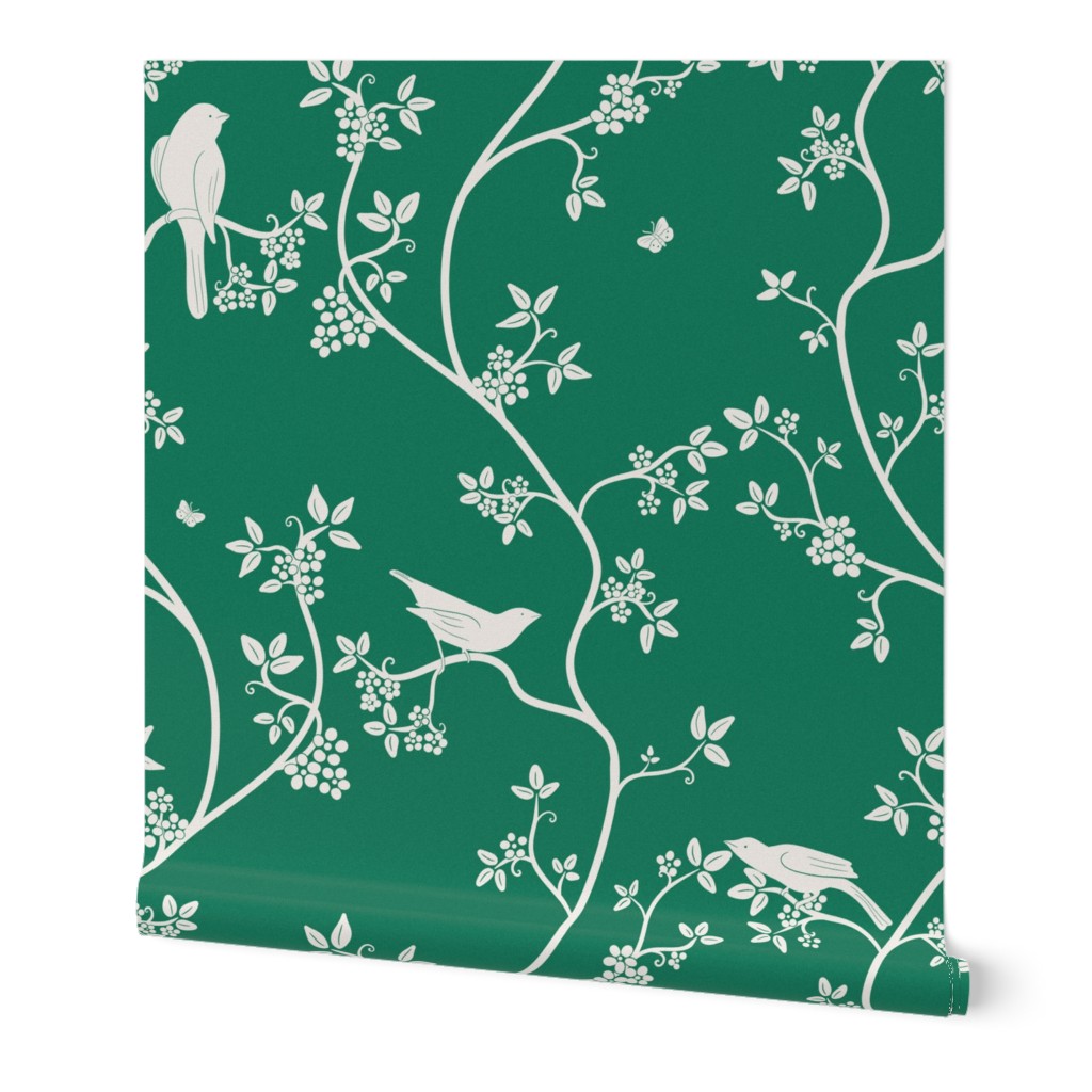  Vintage birds in trees  white on emerald green