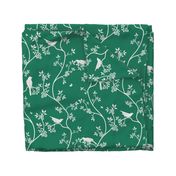  Vintage birds in trees  white on emerald green