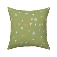 L| Bright Nature-Inspired Design with orange, sky blue Tiny Flowers and cream Love Hearts on sage