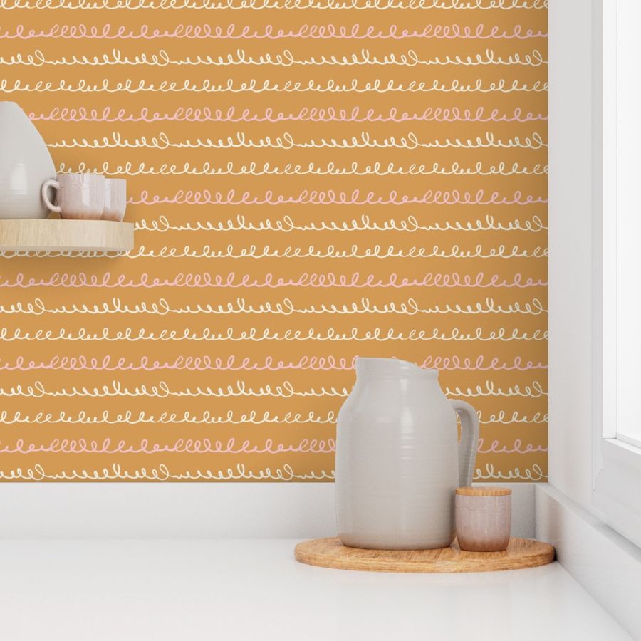 L| Geometric Pattern with cream Wiggly Lines and pink Curvy Shapes on mustard