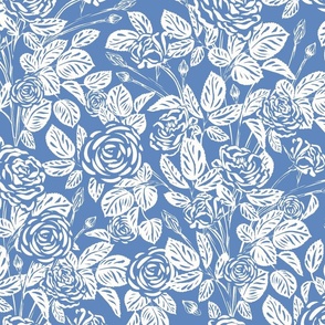 Toile Blue And White Roses Cornflower Wih Details