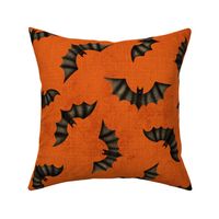 (L) Spooky Bats Flight Black on Vibrant Orange, Distressed Linen-Like Texture