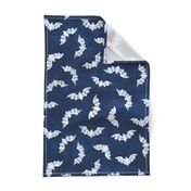 (M) Spooky Bats Flight White on Deep Navy Blue, Distressed Linen-Like Texture