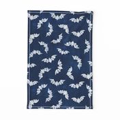 (M) Spooky Bats Flight White on Deep Navy Blue, Distressed Linen-Like Texture