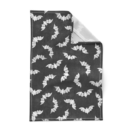 (M) Spooky Bats Flight White on Dark Cahrcoal Grey, Monochrome, Distressed Linen-Like Texture