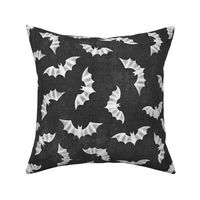 (M) Spooky Bats Flight White on Dark Cahrcoal Grey, Monochrome, Distressed Linen-Like Texture