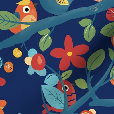 Cute birds hidden in a blue tree with colorful leaves and flowers on dark blue - medium scale