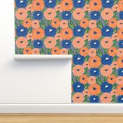 Peach and Blue Roses Handpainted On Washed Indigo 10.50in x 10.50in