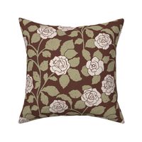 Art Nouveau vintage Roses with speckled paper texture vines on dark brown. 