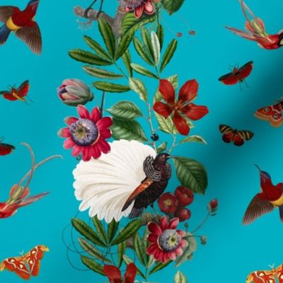 Victorian Inspired Nostalgic Garden Party - Climbing Vines with lush tropical flowers birds and butterflies : Vintage Home Decor and Wallpaper - Grand Millennial Rainforest Jungle, summer blue turquoise