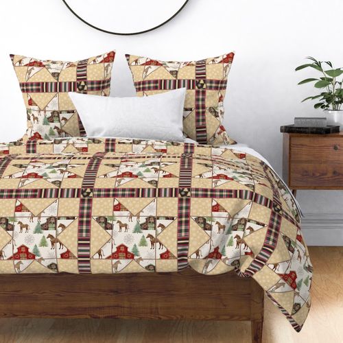 Christmas Pony Sawtooth Cheater Quilt - Gold Snowflake Ditsy Holiday Tartan