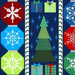 Christmas Quilt Panel - Christmas tree, presents, ornaments, and holly
