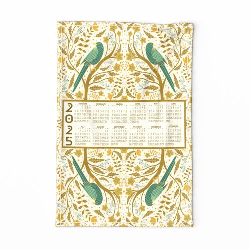 2025 Calendar Tea Towel to Tote Bag // Turquoise and Gold Songbird Garden