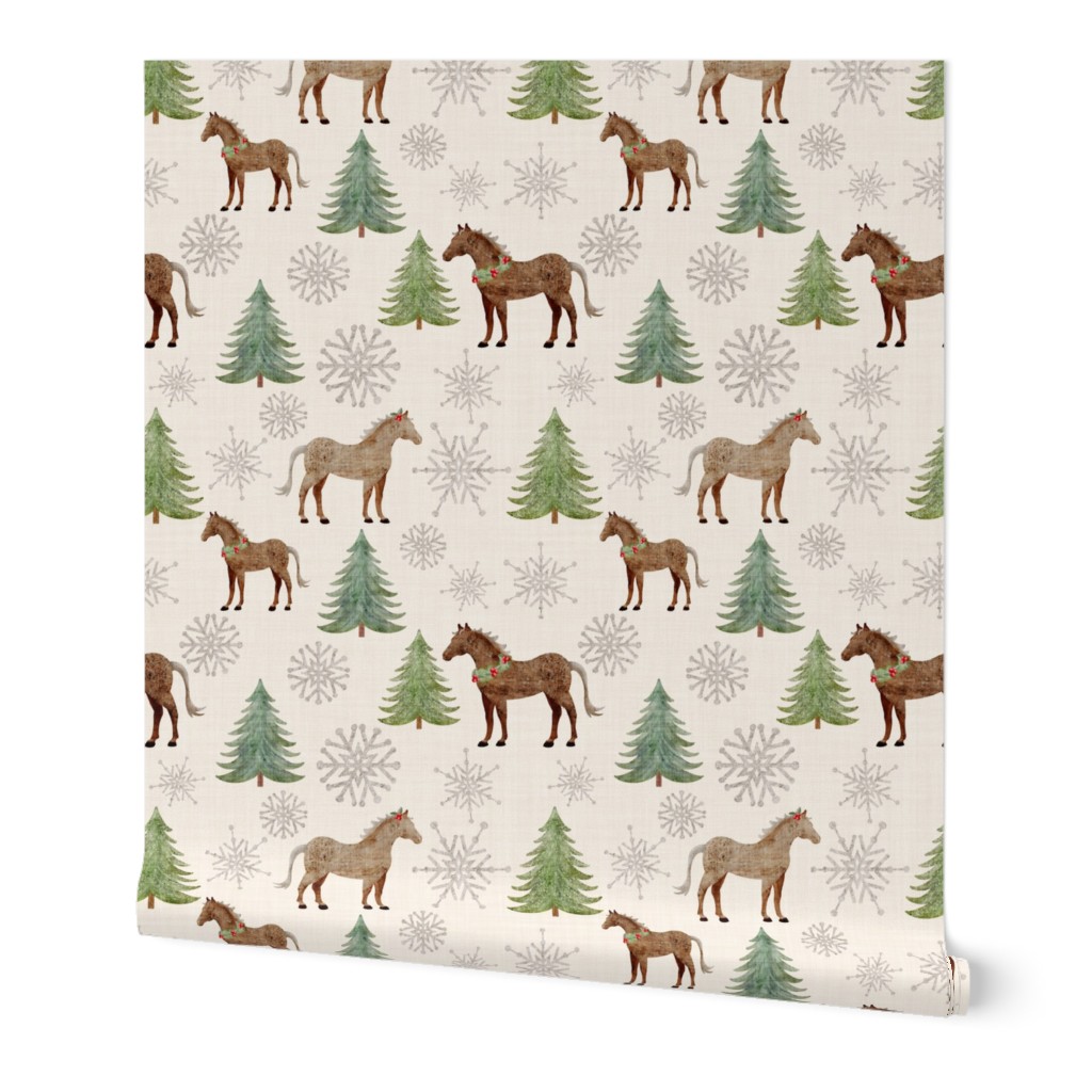 M - Christmas Winter Ponies In Trees Silver Snow On Pristine Linen