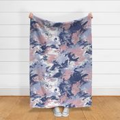 Large jumbo scale maximalist blush pink, navy blue and periwinkle abstract swirling marbling for bedroom, living room and dining room linens, soft furnishings, upholstery and accessories 