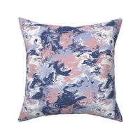 Medium scale maximalist blush pink, navy blue and periwinkle abstract swirling marbling for bedroom, living room and dining room linens, soft furnishings, upholstery and accessories 