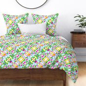 Fruit Loops Bright Colorful Fruit And Lines Hot Pink, Bright Yellow, Grass Green, Turquoise Blue And Citrus Orange Retro Modern Swiss Scandi Style Cheerful Morning Tropical Orange, Cherry And Lemon Stylized Food Repeat Pattern