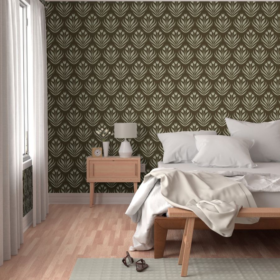 Brown And Dark Beige Scandinavian Floral Wallpaper Bedlinen Design