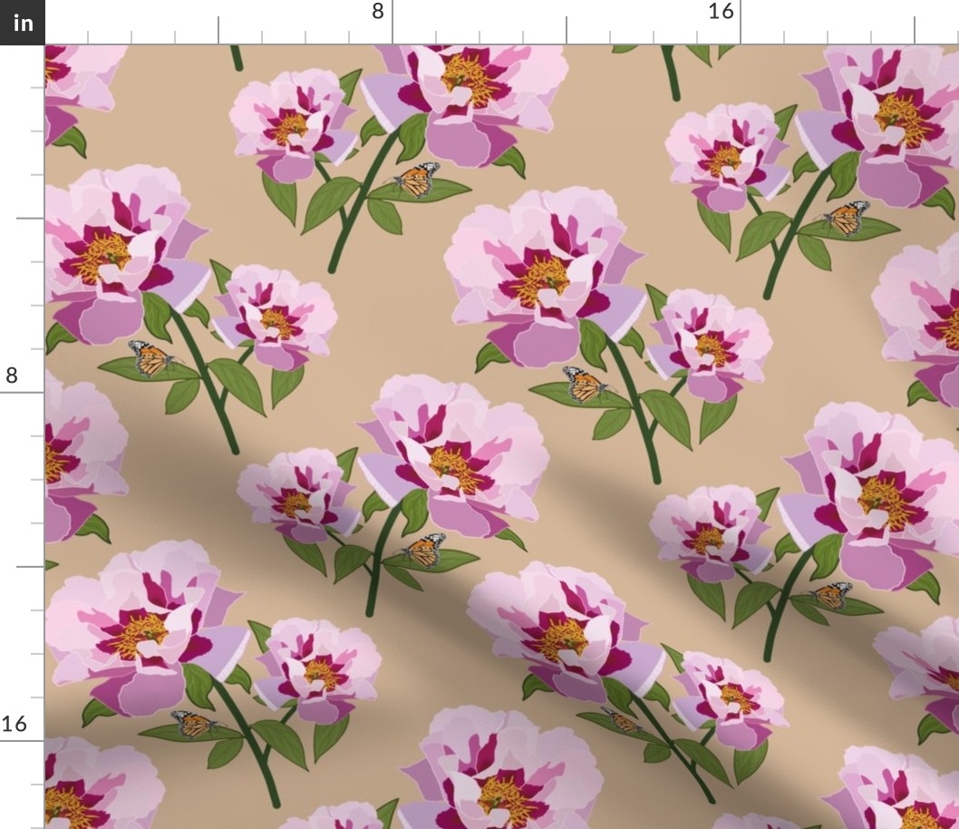 Floating Oriental Peonies, Butterfly - biscuit beige