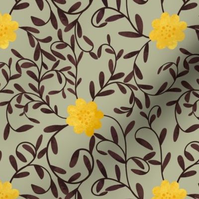 Woodland trailing floral with single texture yellow flower and brown leaves - light green - small