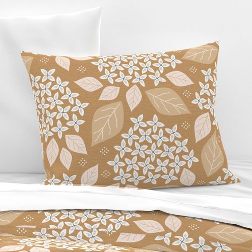 Ixora Hydrangea Florals and Leaves in Ochre Brown and Light Ivory