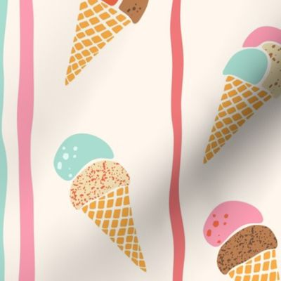 Ice-cream waffle cones and colorful vertical stripes, cream off-white background - Medium size