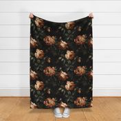 Dark Romantic moody Floral XL rust brown peach roses on a black background