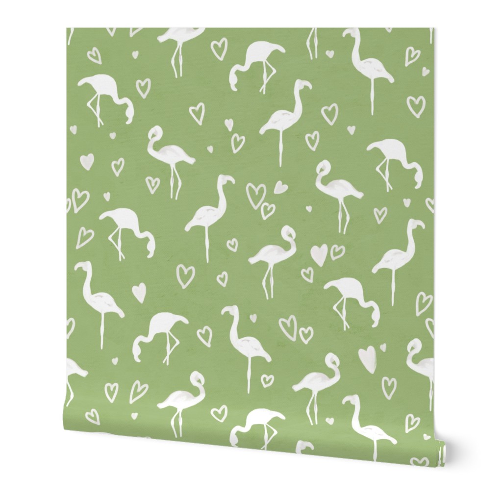 (Large) Gouache Painted White Flamingos on Spring Green Pastel