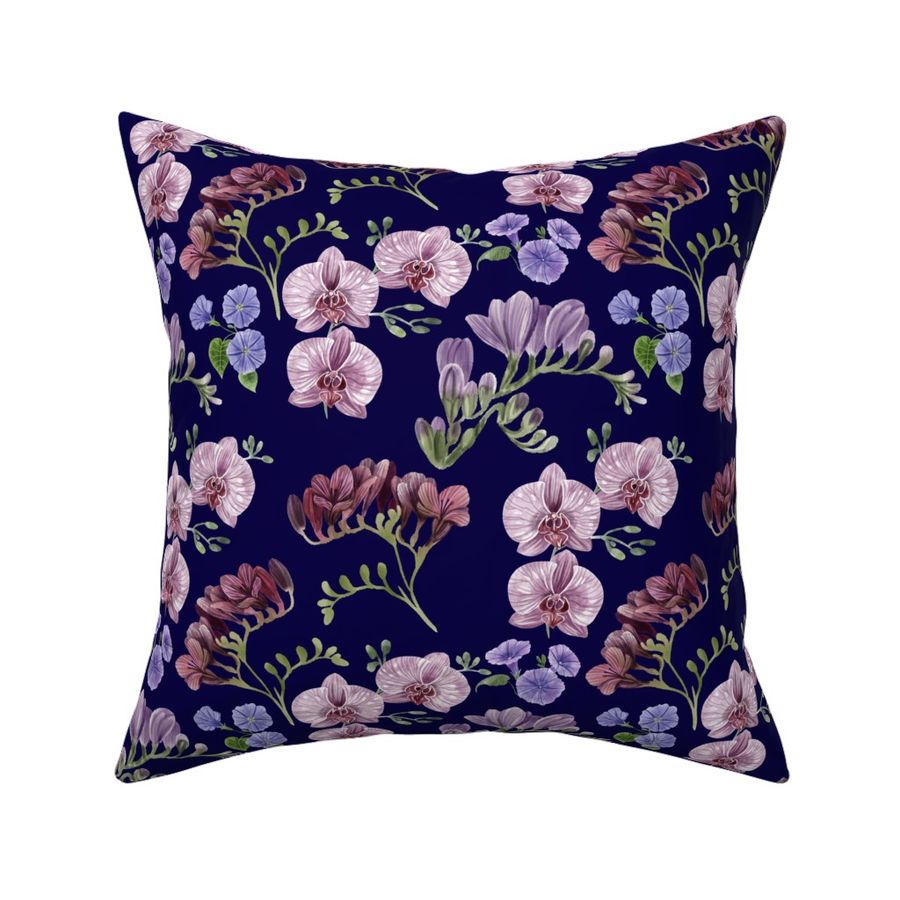 (Small) Floral With Pink Orchid,  Purple Freesia and Morning Glory Navy Blue Background 