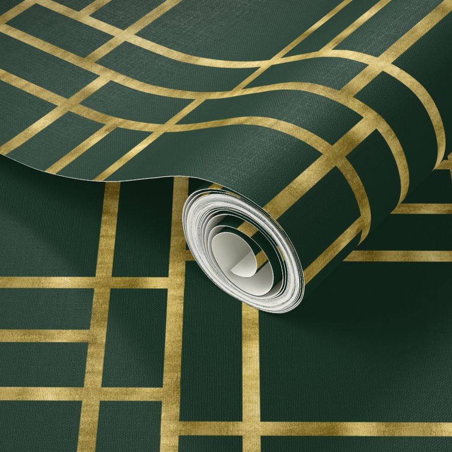 Luxurious Art Deco Pattern with Geometric Gold Lines and Squares on a Deep Green Background"