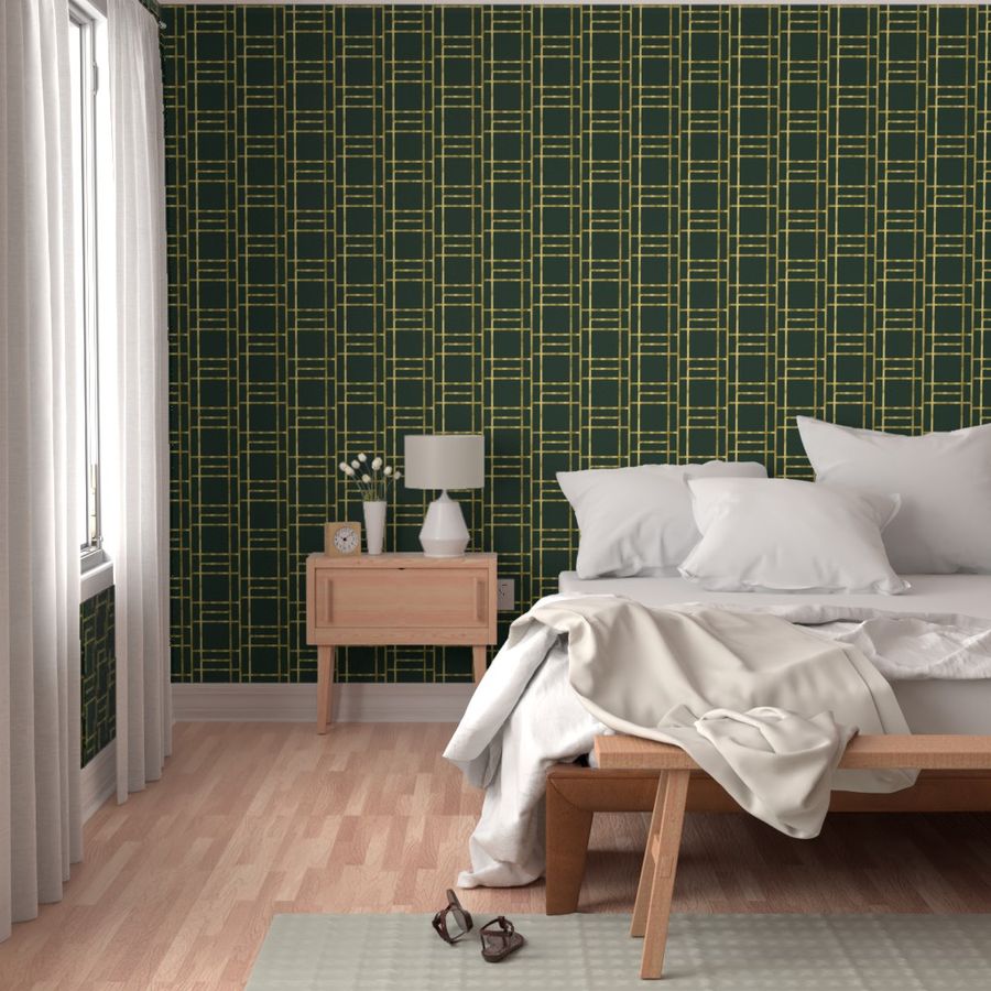 Luxurious Art Deco Pattern with Geometric Gold Lines and Squares on a Deep Green Background"