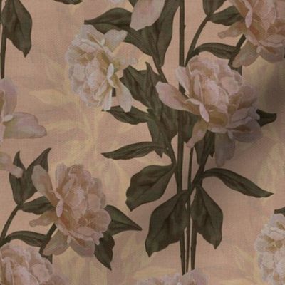 Vibrant Summer Blush Peony Flowers, Earthy Tones, Dramatic Granny Chic Blooms, Delicate Petals, Dark Apricot, Shades of Green, Bohemian Garden Flower Bouquet, Vintage Bedroom Bedding, Elegant Peony Floral Print, Painted Flowers, Hand Painted Peony Blooms