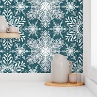 Snowflakes, Geometric Snowflakes, Colorful Dark Teal Green Christmas, Winter Solstice, Holiday,  Pale Purple, Dark Green with White Snowflakes,