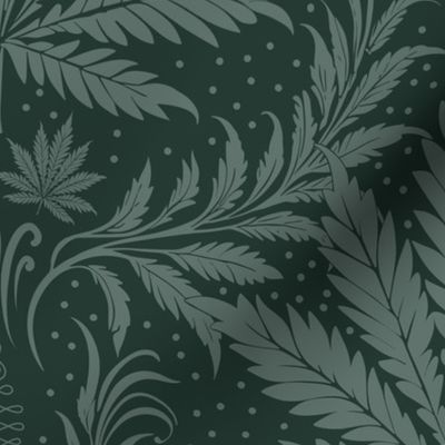 damask with subtle Hemp, Cannabis, Marihuana leaves lighter green on dark green - medium scale