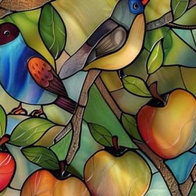 Stained Glass Birds in the Apple Orchard