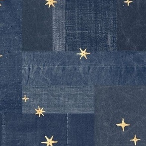 Gold Sequins on Denim (xxl scale) | Metallic gold stars, sequins on indigo blue patchwork denim and linen, navy blue boro cloth, blue linen quilt, night sky, Indian sequins fabric.
