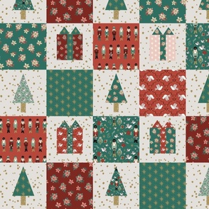 Festive Christmas cheater quilt in red and green with pink and gold. Patchwork trees and gifts