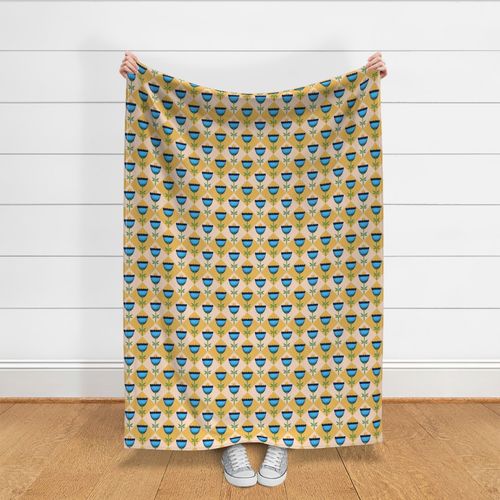 Vibrant Blue Floral Diamond Pattern on Yellow and Peach Background with Tiny Hearts and Intricate Tile Pattern