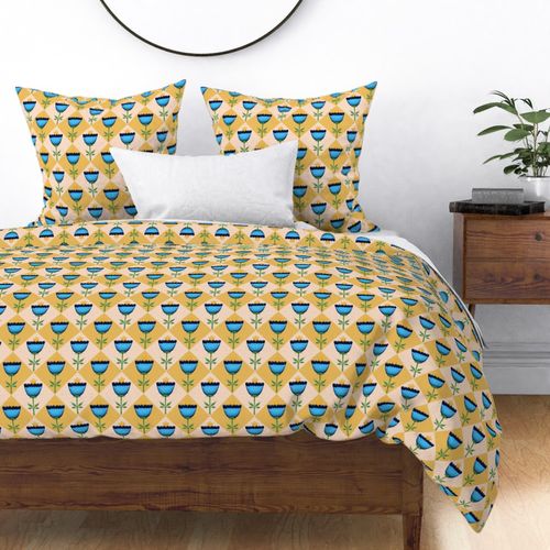 Vibrant Blue Floral Diamond Pattern on Yellow and Peach Background with Tiny Hearts and Intricate Tile Pattern