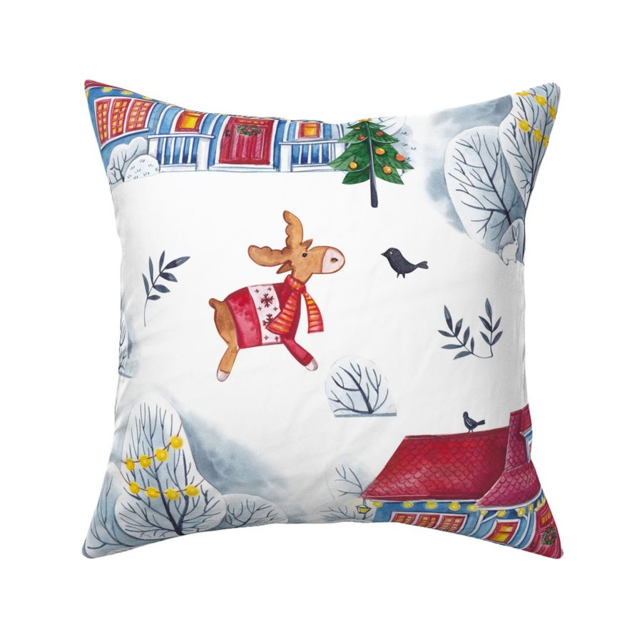 Children's pattern of cute Christmas houses and winter trees with hares and deer