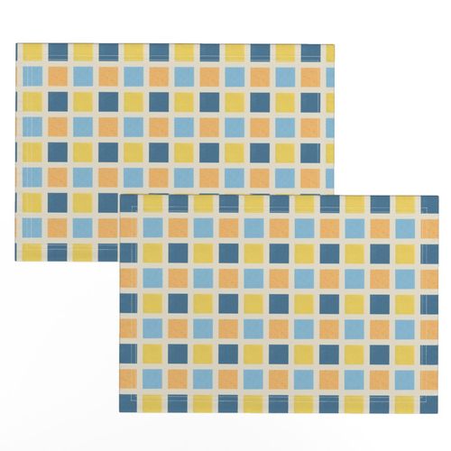 Medium Handpainted and Printed Check Light and Dark Blue and Yellow Tiles