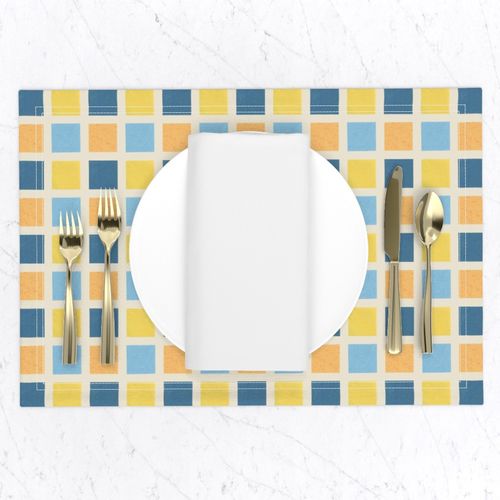 Medium Handpainted and Printed Check Light and Dark Blue and Yellow Tiles