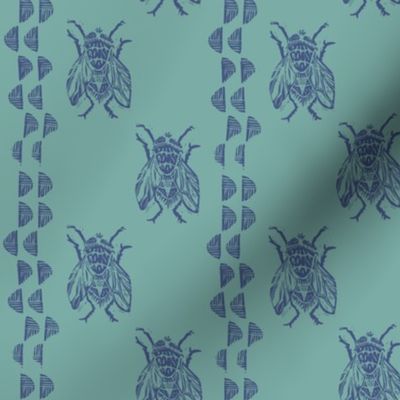 Bohemian block printed fly on the wall stripe in aqua green and royal blue for a perfect picnic.