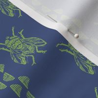 Bohemian block printed fly on the wall stripe in royal blue and celadon green for a perfect picnic.