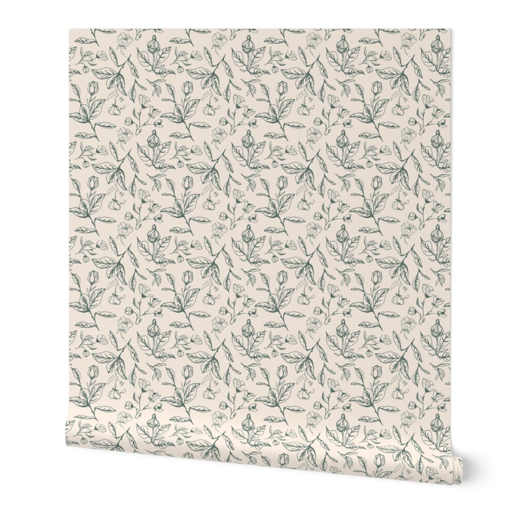 Garden Leaves and Flower Buds in Teal